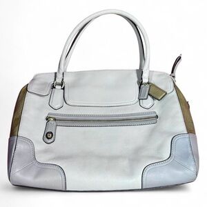 Coach Madison Leather Satchel in color block dove gray white & gold hardware